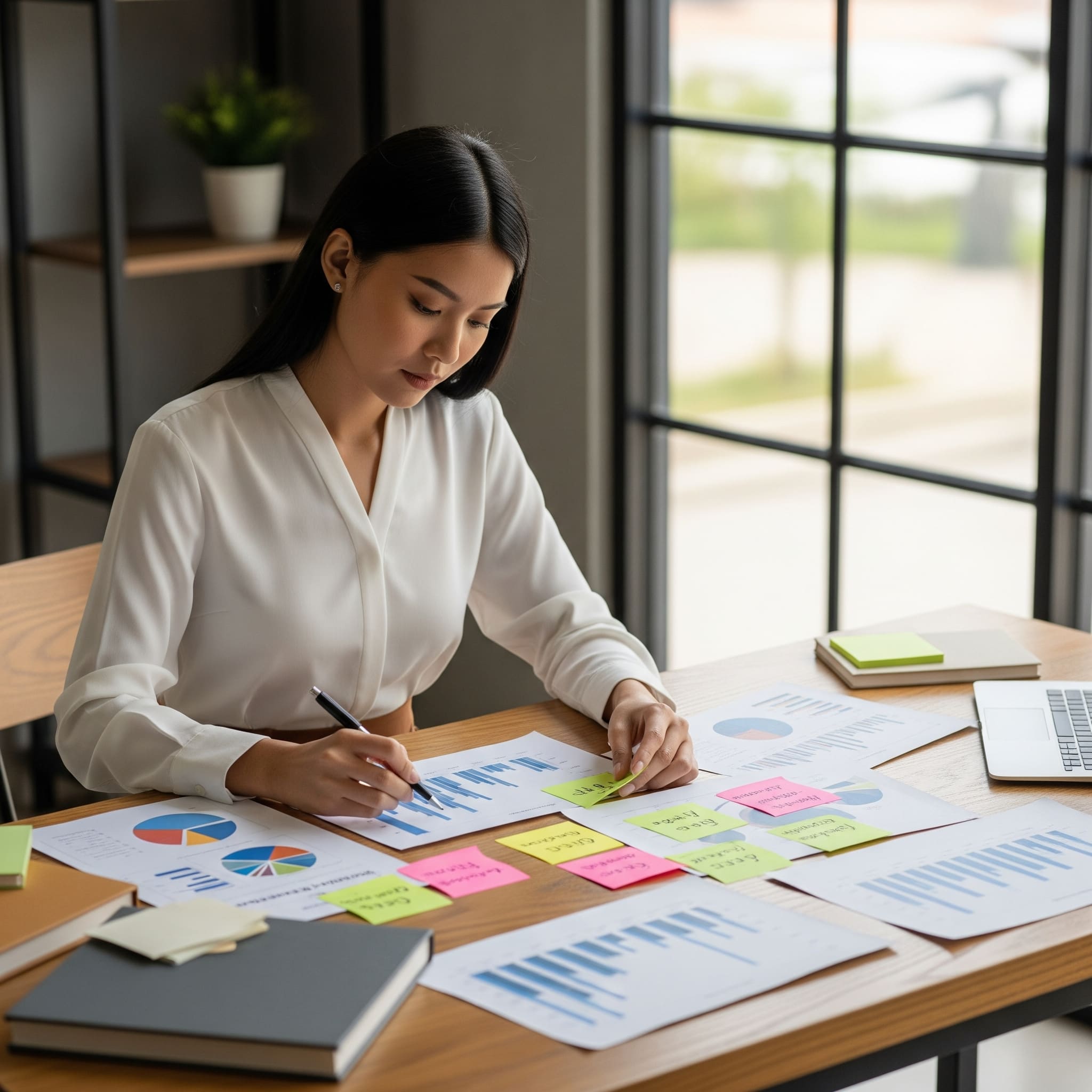 Person planning PR strategy with charts and notes